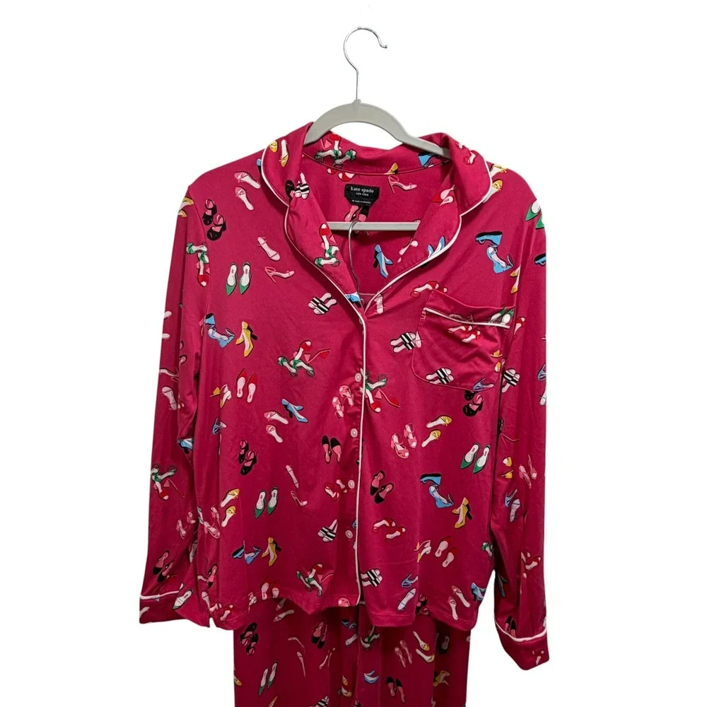 Kate Spade New York Pink High Heel Shoe Print Pajama Set Long Sleeve Pants M